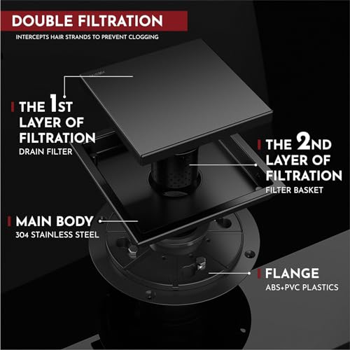 WEBANG 6 Inch Shower Square Drain Black Floor Drain with Flange Reversible 2-in-1 Cover Tile Insert Grate Removable SUS304 Stainless Steel CUPC Certified Matte Black