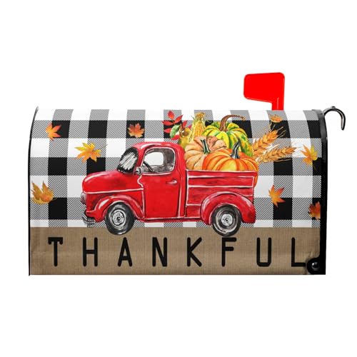 Image of Fall Thanksgiving Red Truck Mailbox Cover Magnetic Standard Size 21 inchx18 inch Autumn Pumpkin Harvest Magnetic Mail Box Cover Autumn Post Letter Box Cover Wrap Fall Mailbox Decals for Home Garden Yard