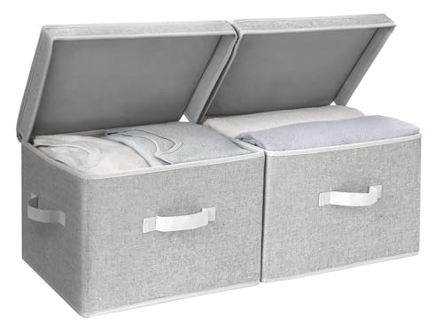 Image of StorageWorks Fabric Storage Bins with Lid, Decorative Storage Boxes for Shelves, Stackable Closet Organizer Basket with Handles, Large, Gray, 2-Pack