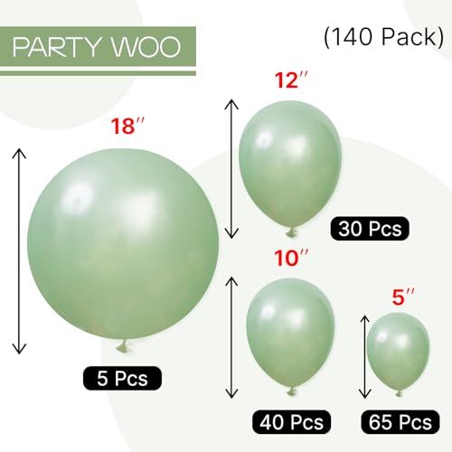 Image of PartyWoo Pearl Light Green Balloons 140pcs Different Sizes of 18 12 10 5 Inch Pastel Neon Green Balloon Arch Kit for Baby Shower Wedding Spring Forest Theme Birthday Party Decorations Green-Z43