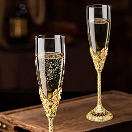 Jozen Gift Champagne Flutes-Set of 2 Champagne glasses, Crystal Glasses&Metal Base, Toasting Flute Pair, Wedding Anniversary, Party,Birthday,Banquets,Gifts for Bride and Groom 6 oz-Gold