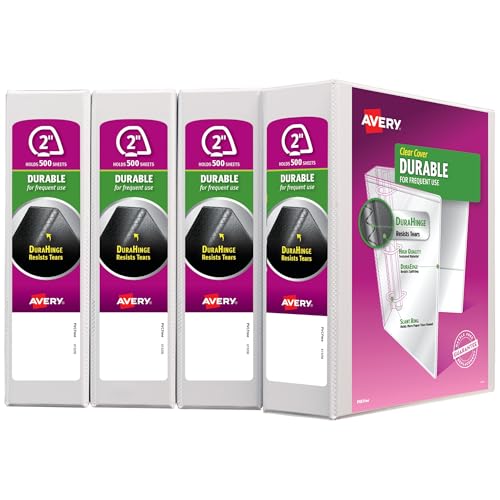 Image of Avery Durable View 3 Ring Binders for Home, School Supplies, Office, or Organization Needs, 2 inch Slant Ring, 4 Pack White Binders (17032)