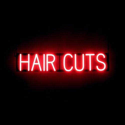 SpellBrite Letrero de cortes de cabello Aspecto neón de cortes de cabello, luz LED roja, 31.6 x 6.3 pulgadas