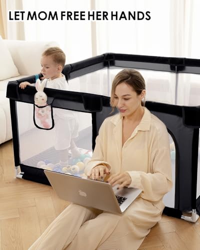 dearlomum Baby Playpen with Non Removable Mat, Extra Large Play Yard for Babies & Toddlers, Portable Travel Playpen, Baby Activity Center for Indoor & Outdoor Use (Black 50\"×50\") - Thumbnail 4