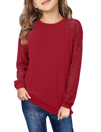 Image of Yoklass Girls Long Sleeve Shirts Kids Lace Casual Cute Crew Neck Top Sizes 5-14 Years