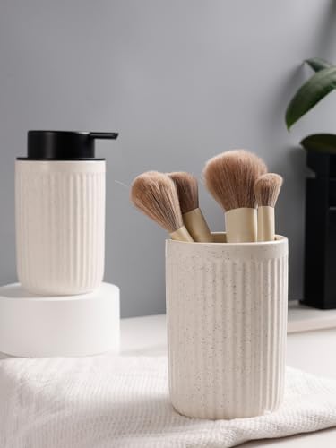 Image of Bosilunlife Soap Dispenser and Toothbrush Holder Set - 11Oz Foam Soap Dispenser Pump Ceramic Bathroom Counter Soap Toothbrush Holder Set Beige Bathroom Accessories Set
