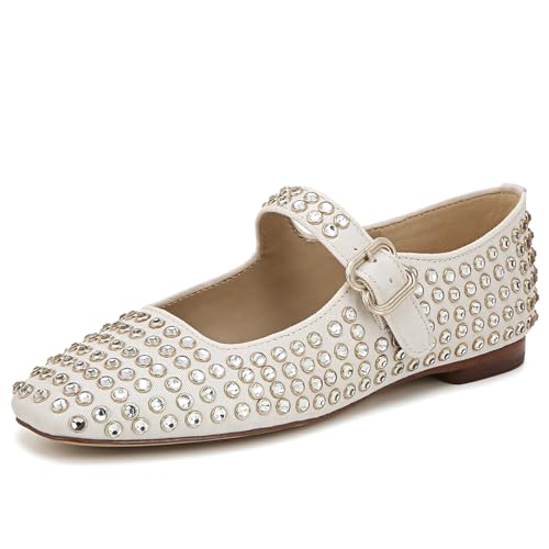 Rhinestone Flats for Women Studded Ballet Flats Sparkly Square Toe Buckle Strap Ballerina Mary Jane Shoes