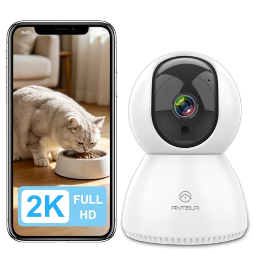ANTELA 2K 3MP Cámara vigilancia WiFi interior 2.4GHz, audio bidireccional, campo de visión 355°/90°, visión nocturna IR 10m, compatible con Alexa