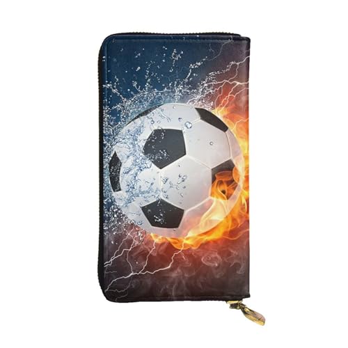Soccer in Fire and Water Leather Hand Wallet for Women Long Zipper Clutch Purse for Cash Cards Coin