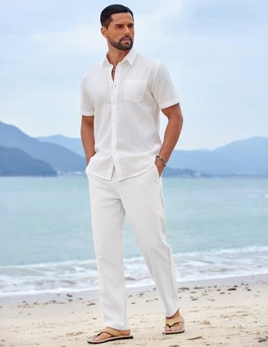 Image of COOFANDY Mens Cotton Linen Pants Casual Drawstring Summer Beach Pants Lightweight Linen Dress Trousers