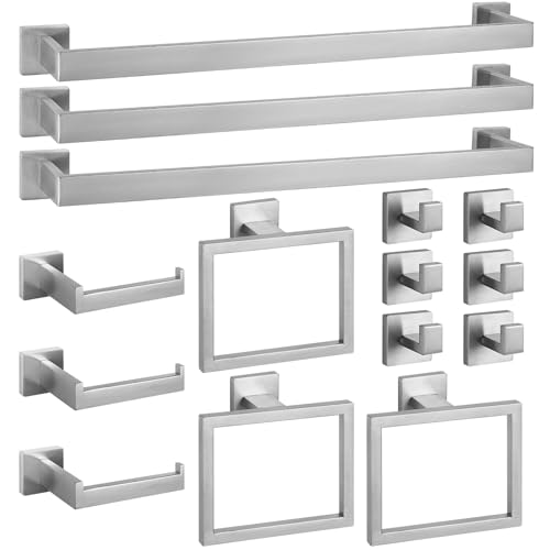 Cilee 15-Pieces Bathroom Hardware Set - Brushed Nickel Bathroom Accessories, 24 Inch Towel Bar, Square Towel Ring, Toilet Paper Holder, Towel Hook, Wall-Mounted Stainless Steel Towel Bar Rack Set