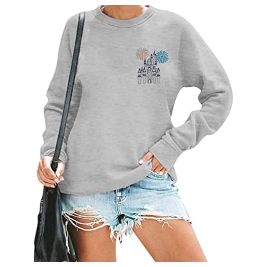 MOUSYA Magic Embroidered Sweatshirts for Women Magical Kingdom Shirt Family Vacation Castle Fireworks Graphic Crewneck Tops Grey