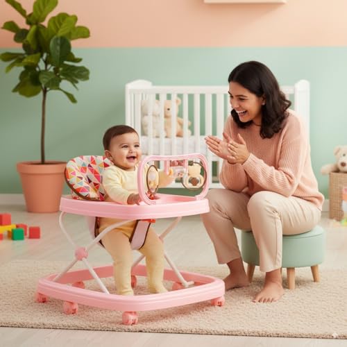 Image of Blushbaby 360 Baby Walker for 6-18 Months | 5-Height Adjustable Activity Walker with Cushioned Seat, Meal Tray & Toy Bar | Foldable & Lightweight Walker for Boys & Girls (Pink)