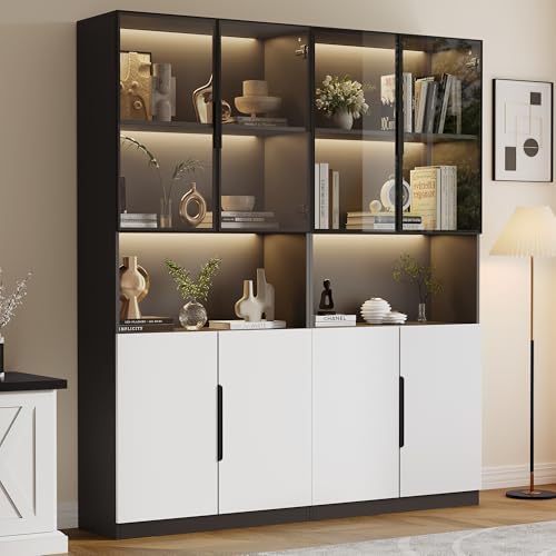 DHWDS Armoire Bibliothèque Vitrée LED 160x30x200 cm avec Portes en Verre - Meuble de Rangement Multifonction avec Éclairage Intégré et Étagères...