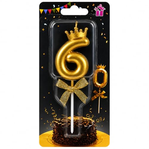 Image of Number 6 Unscented Candle with Crown for Birthday, Wedding, Engagement, Valentines Day Celebration, Theme Party, Bridal Shower Cake Topper for Decoration, 1 pc, Gold