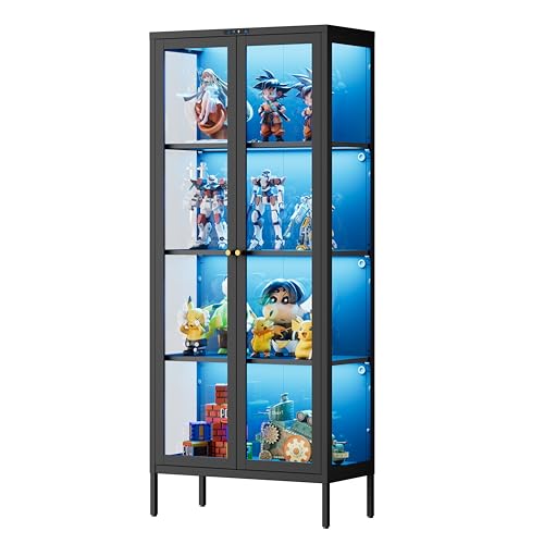 Steeloong 66"Display Cabinet with Glass Doors,4-Tier Curio Cabinet with 8 Color Lights,Glass Cabinets with 3 Adjustable Shelves,Black Display Case for Collectibles,Plant,Living Room,Assembly