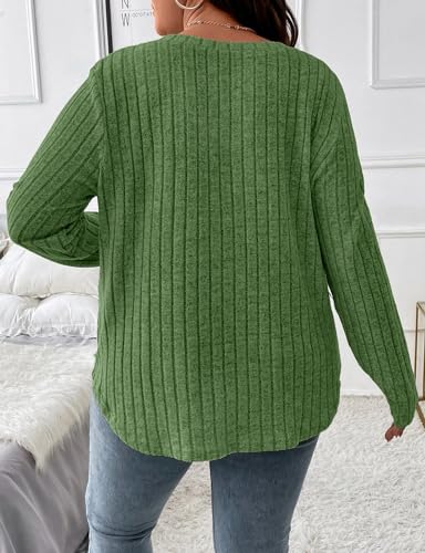 Image of Koscacy Women Plus Size Casual Knit Sweater V Neck Solid Color Tops Lightweight Long Sleeve Blouses