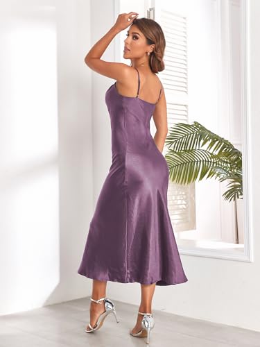 Image of Women's Spaghetti Strap Midi Satin Silk Dresses Slip Cowl Neck Party Cocktail Evening Sexy Dress