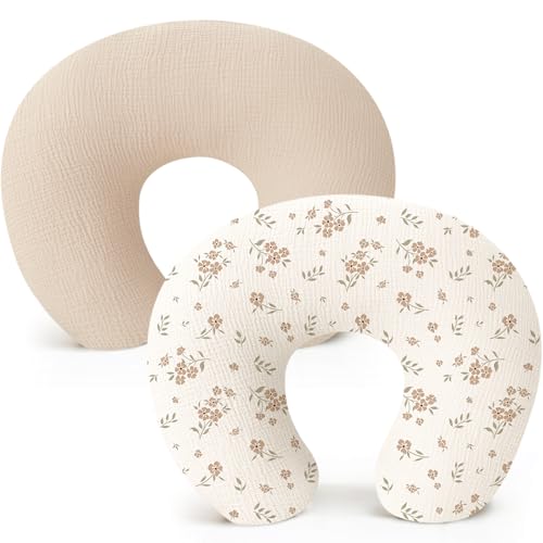 Image of Konssy 2-Pack Muslin Nursing Pillow Covers, Soft & Adorable Nursing Covers for Breastfeeding Pillows, Slipcovers for Newborn Boys & Girls(Cream, Blossom)