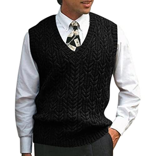 Mens Business V-Neck Knitted Sweater Vest Plain Sleeveless Pullover Knitwear Fall Casual Thermal Golf Sports Vest