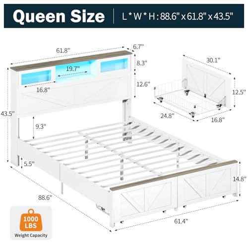 Image of Yoobure Farmhouse Queen Bed Frame with Headboard - Bed Frame Queen Size with Charging Station & LED Lights, Wood Bedframe Queen-Size with 2 Storage Drawer, Platform Beds, No Box Spring Needed, White