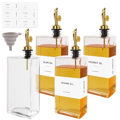 Otauoaea Lot de 4 Bouteilles Huile 500ml en Verre, Distributeur Huile d'Olive Carré avec Bec Verseur Automatique pour Cuisine - avec Étiquettes et Entonnoir