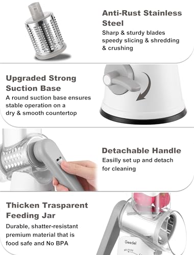 Geedel Käsereibe, Reibe für Gemüse mit 5 Trommelblättern, Gemüseschneider für Käse, Ice, Gurken, Karotten, Nüsse usw, Slushy Maker Ice Crusher Trommelreibe Schnelleres und Einfaches Schneiden (Weiß) 6