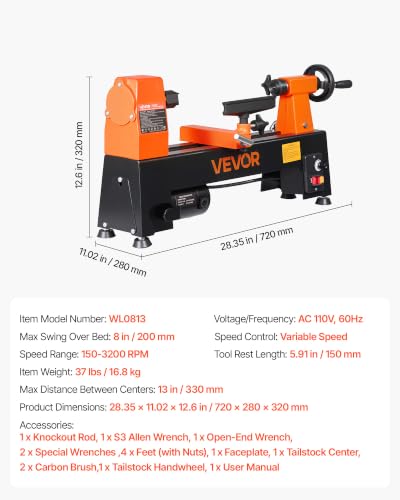 VEVOR 1/3 HP Mini Benchtop Wood Lathe