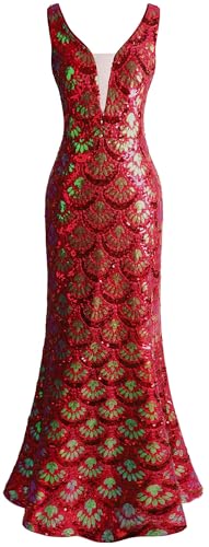Angel-fashions Robe de soirée longue bleue pour femme, Col en V, style sirène, avec sequins et fleurs, rouge vin, 50