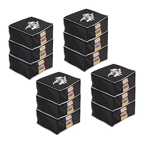 Image of PrettyKrafts Large Saree Cover With Creative Prints, Wardrobe Organiser, Clothes Cover & Storage, Zip Closure and Transparent Window | Clothes Storage Bag | Set of 12, Black | Size: 40 x 35 x 20 cm