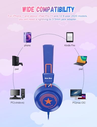 Image of New Bee 2 Pack Kids Headphones with Microphone, 85dB /94dB Safe Volume Limited Childrens Headset, Foldable Wired Toddler Headphones Over Ear for School Travel Mac /Android /Kindle /Tablet /Pad Blue Pink