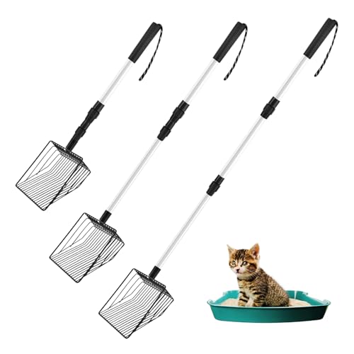 Image of Adjustable Cat Litter Scoop with Rotating Lock, 22.4 inch to 42 inch 3-Section Telescopic Kitty Litter Scoop, Chicken Poop Scooper Iron Shovel with Rubber Long Handle for Cat /Dog /Poultry