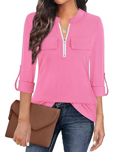 Gemulate Shirts for Women UK Pink Zip Up 3/4 Sleeve Tops for Women UK Plaid Tunic Blouse Long Sleeve Polo Top Floral Printed Shirts - Solid Pink, XXL
