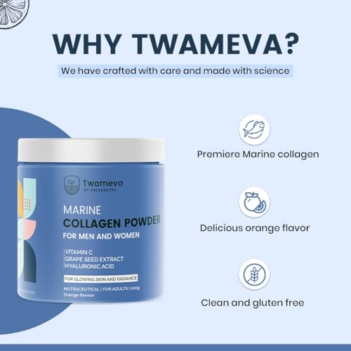 Image of Collagen Peptides Supplement for Skin, Hair, Nails | Vitamin C, E and Grape Seed Extract| For Healthy Skin,Hair | Marine Collagen Powder for Women & Men | Orange Flavour | 200g