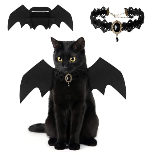 Dutiqozad Disfraz de Halloween para Gato Alas de Murciélago - Set de Collar Gótico, Disfraz Ajustable para Mascotas, 36cm de Contorno de Cuello, Disfraz Ligero de Murciélago para Halloween