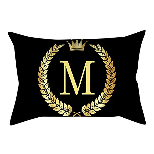 Watopi - Funda de cojín con diseño de letra inicial de oro negro vintage y corona real brillante con letras del alfabeto mayúscula, 30 x 50 cm