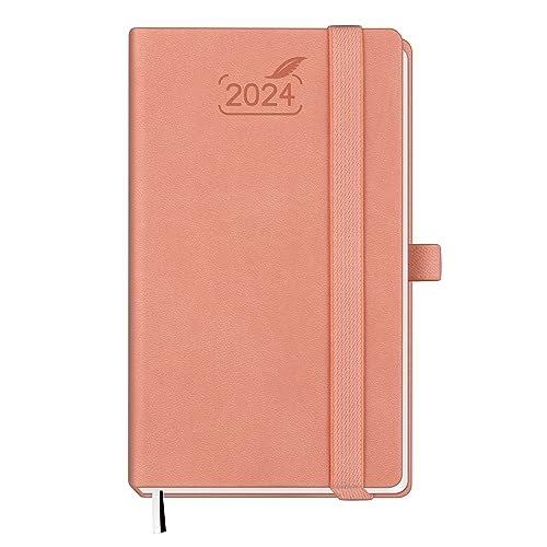 Pocket 2024 Planner by BEZEND, Small Calendar for Purse 3.5" x 6", Daily Weekly and Monthly Agenda with Pen Holder, Vegan Leather Hard Cover - Pink