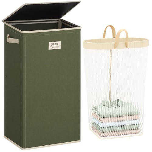 SOLEDI 100L Laundry Basket with Lid Washing Basket for Laundry, Collapsible Laundry Baskets, Sturdy Clothes Hamper with Removable Laundry Bag, Beautiful and stylish Large Laundry Bin (Avocado Green)