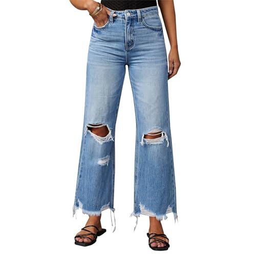 Women's Ripped Bell Bottom Jeans High Rise Distressed Raw Edge Hem Boyfriend Wide Leg Denim Pants