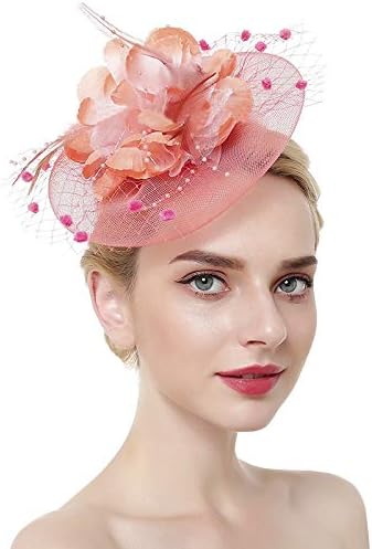 Womens Fascinator Hats Headband Pillbox Hat Bowler Veil Mesh Ribbons Headwear Wedding Party Hat for Women Lady Girls (Style 3-Salmon Pink)