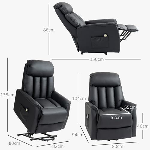HOMCOM Relaxsessel Elektrisch Fernsehsessel mit Aufstehhilfe, Liegefunktion, TV Sessel mit Fußteil, Seitentasche, Fernbedienung, für Wohnzimmer, bis 150 kg, Kunstleder, Schwarz – Bild 4