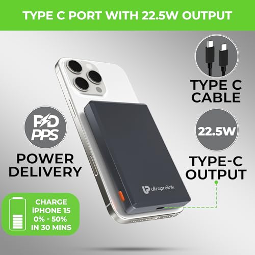 Image of UltraProlink 10000 mAh Slimmest Wireless Magnetic Mag-Safe Power Bank | 22.5W Type C Port with PD-PPS Support | Charging for iPhone Series 16,15,14,13 | Made in India | Grey | Juice-Up Mag 4
