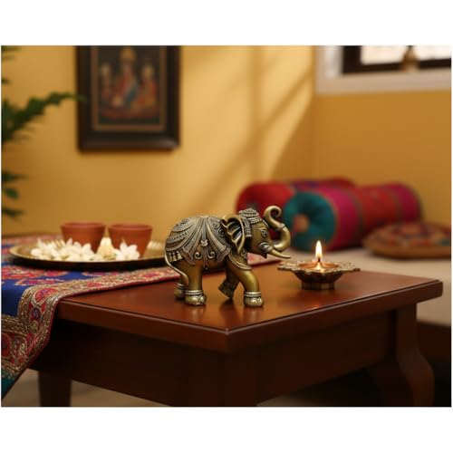 Image of Lamcy PlazaDecorative Elephant Showpiece for Home Decor | Golden Elephant Statue with Raised Trunk | Vastu Feng Shui Lucky Elephant Figurine for Living Room, Office Desk & Gift
