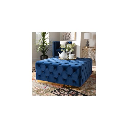 HomeStock Modern Motifs Royal Blue Velvet Upholstered Gold Finished Square Cocktail Ottoman with Luxurious and Contemporary Aesthetic