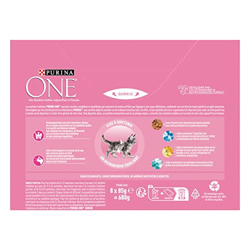 PURINA One Chat Junior - de 1 à 12 Mois - Effilés en Sauce au Saumon ou au Poulet - 8x85g - Sachet frâcheur pour Chaton