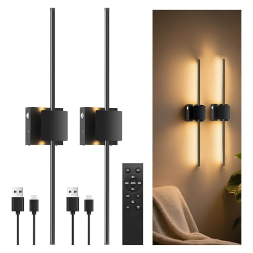 Image of Battery Operated Wall Sconces Set of Two, Dimable Wireless Rechargeable Wall Sconce with Remote Control, 29In 8000mAh 320 DIY Rotatable Modern Decor Lights, Black Wall Lamps for Living Room Bedroom