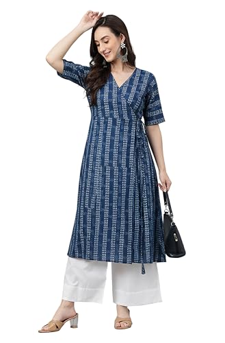 Janasya Women's Navy Blue Pure Cotton Geometric Straight Kurta
