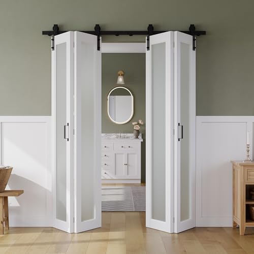 64" x 84" Bifold Sliding Barn Door, 1 Lites Tempered Frosted Glass Panel with Sliding Hardware Kit Set, Pre-drilled Closet Door Slab, 6.00FT Track for 4 Doors, MDF, White 64"(32"x2) x 84" Wh