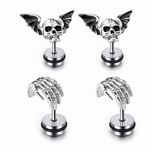 4PCS Skull Ghost Head Skeleton Claw Bat Earring Flat Back Screw On Cool Ear Lobe Studs Cartilage Helix Piercing Set Women Men 16G Post