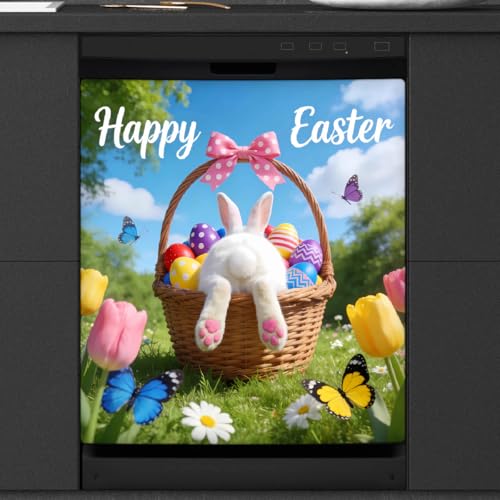 Cubierta magnética para lavavajillas con diseño de flor de Pascua con texto en inglés 'Happy Easter Spring', panel magnético para nevera, armario de lavadora, hoja magnética para electrodomésticos de